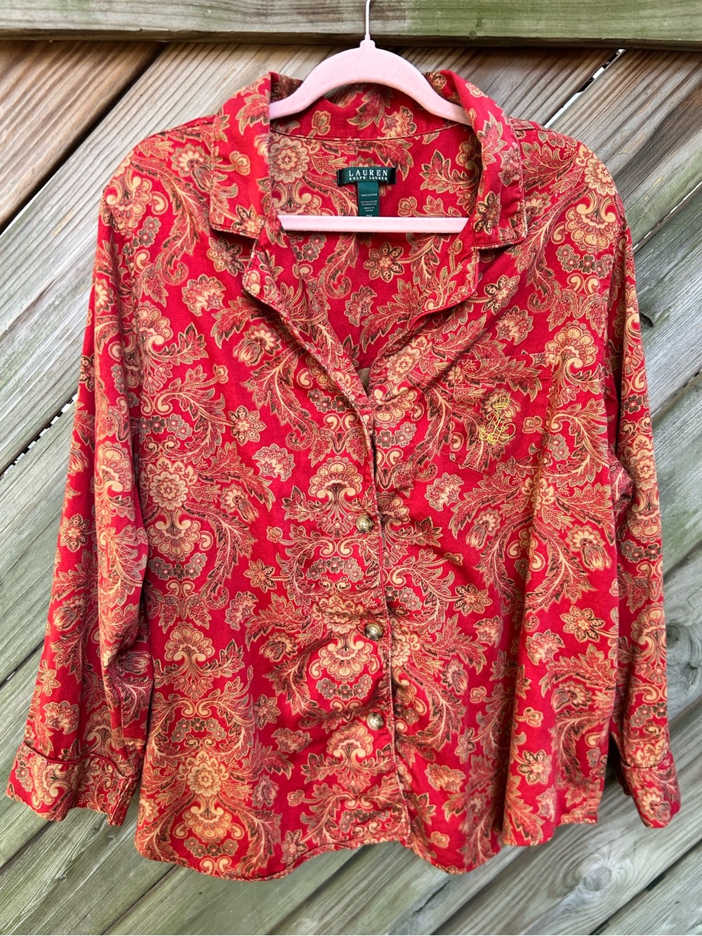 Lauren Ralph Lauren Red & Gold Paisley Coat  Style Pajama set 2X 100% Cotton